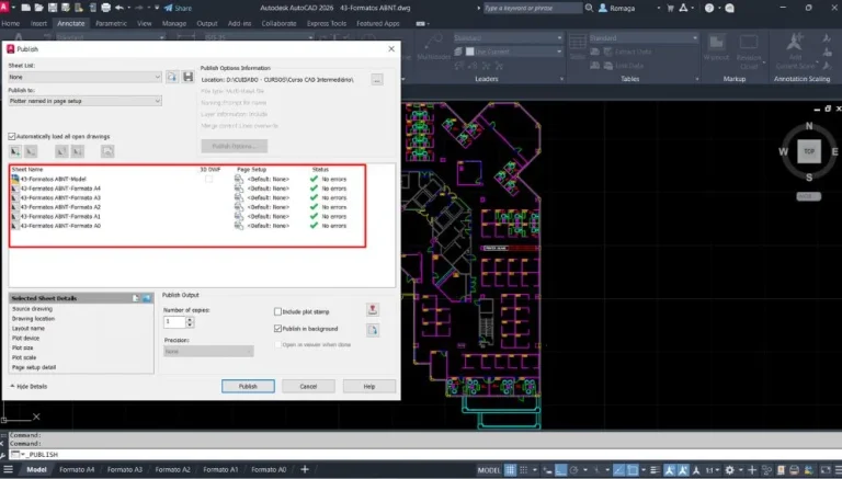 Plotar Vários Desenhos - Interface do comando Publish no AutoCAD exibindo lista de layouts prontos para impressão.