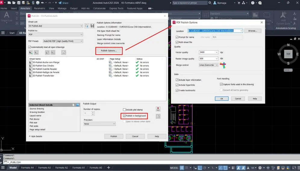 Plotar Vários Desenhos - Opções avançadas do comando Publish com destaque para configurações de qualidade, local de salvamento e publicação em segundo plano.