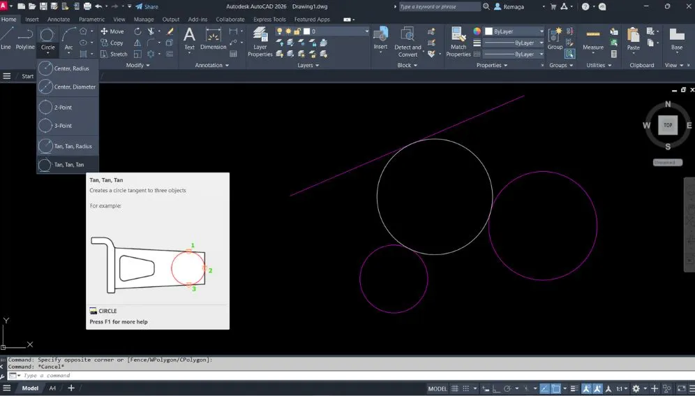 Comando Circle no AutoCAD utilizando a opção Tan, Tan, Tan para criar um círculo tangente a três objetos existentes no desenho.
