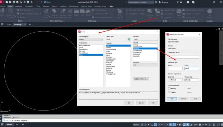 Anotações especiais no AutoCAD com uso do campo Field para exibir a área de um círculo com sufixo personalizado em milímetros quadrados.