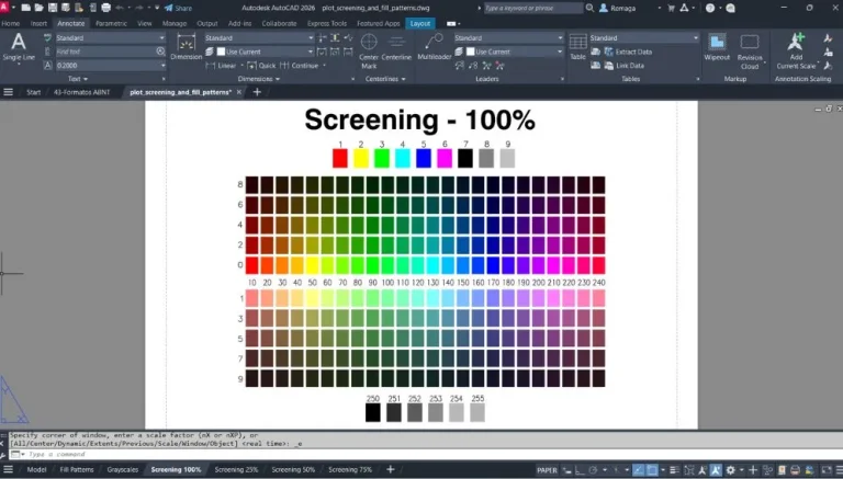 CTB vs STB - Tabela de cores com 100% de screening mostrando a diferença visual das cores na plotagem em AutoCAD com estilo CTB.