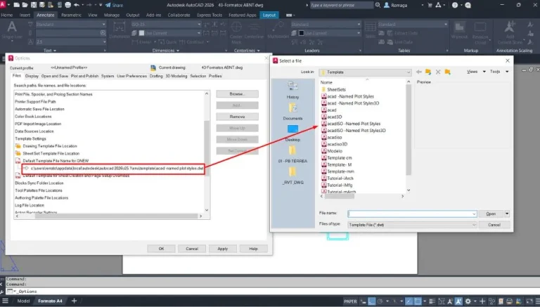 CTB vs STB - Acesso ao template com estilo de plotagem STB no AutoCAD, exigindo navegação manual pelas configurações de arquivos.