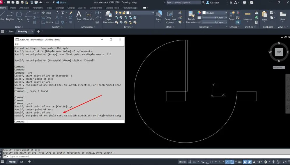 Janela de comandos do AutoCAD exibindo o processo de criação de arco com o método Centro, Início e Fim, com linha de comando destacada.