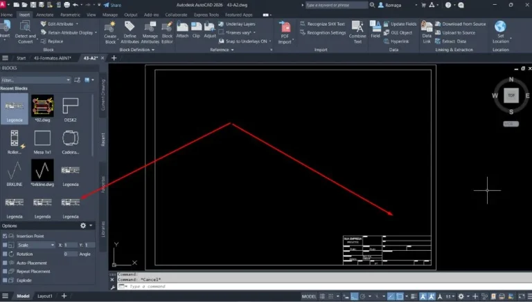 Criar Margens Técnicas - Inserção de bloco de carimbo técnico em layout de desenho no AutoCAD.