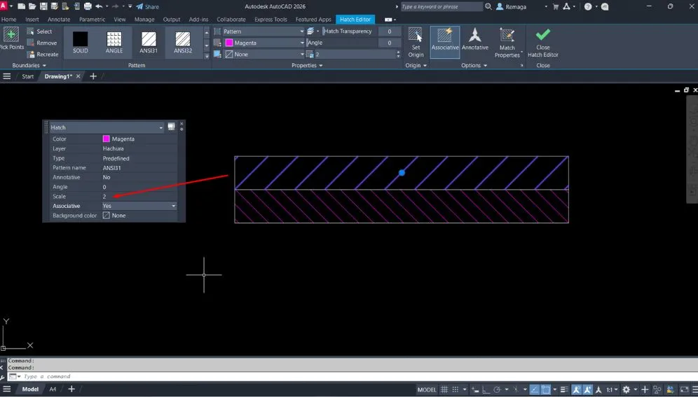 Ajustar hachura no AutoCAD utilizando o Hatch Editor para modificar escala, cor e associatividade do padrão ANSI31 aplicado.