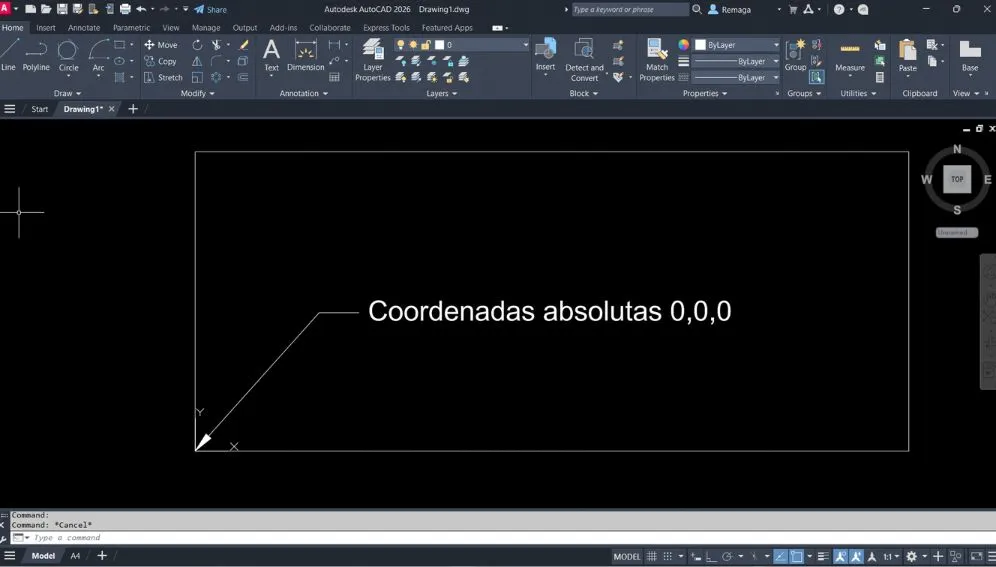 AutoCAD destacando o ponto de origem 0,0,0 no sistema de coordenadas absolutas com anotação em texto.
