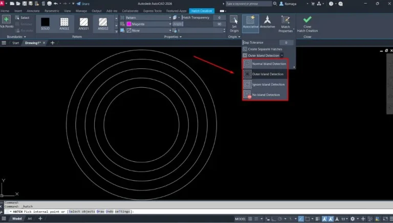 Entender a Detecção de ilhas no AutoCAD com opções Normal, Outer, Ignore e No Island Detection visíveis no painel Hatch Creation aplicado a círculos concêntricos.