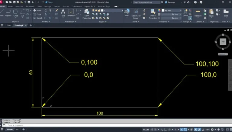 Coordenadas Absolutas no AutoCAD na criação de um retângulo