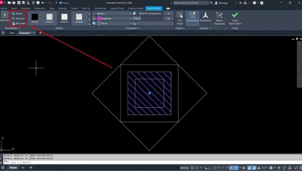Adicionar e remover limites no AutoCAD usando o Hatch Editor para controlar áreas hachuradas com precisão entre objetos geométricos.