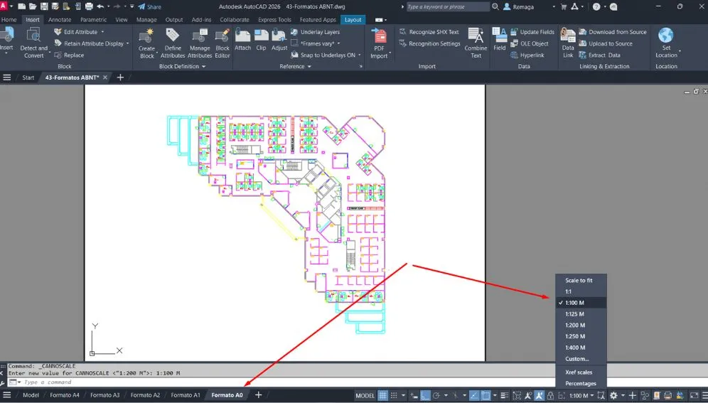 Menu suspenso exibindo diferentes escalas de impressão dentro de uma viewport do AutoCAD.