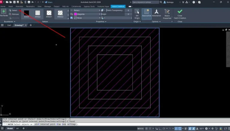 Selecionar e reter limites no AutoCAD utilizando a ferramenta Select no menu Hatch Creation com múltiplos contornos geométricos visíveis.