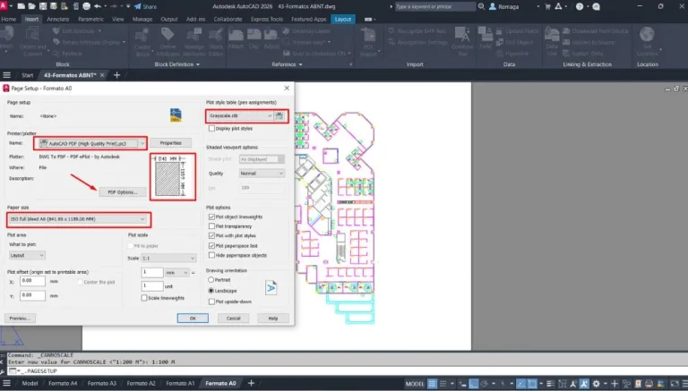 PDF com Fidelidade Gráfica sendo configurado na Janela de configuração de página no AutoCAD