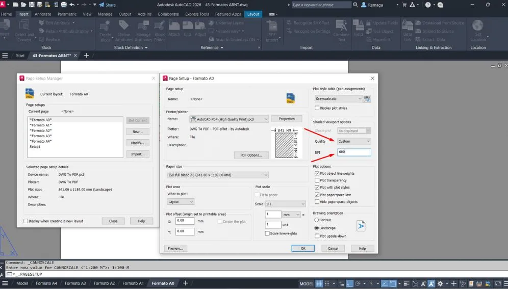 Gerenciador de Configuração de Página no AutoCAD com qualidade de exportação personalizada em 600 dpi.