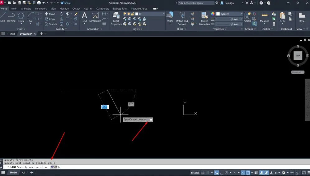 Uso da entrada dinâmica no AutoCAD para aplicar coordenadas relativas, mostrando o valor digitado com o símbolo arroba (@) e o ângulo de direção.