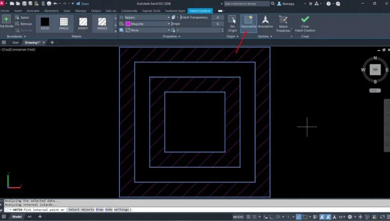 Editar hachuras associativas no AutoCAD utilizando a opção Associative para manter vínculo dinâmico entre hachura e seus limites.