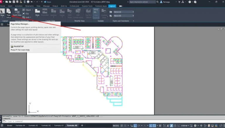 Checklist de Plotagem no AutoCAD com a aba Layout ativa mostrando a opção Page Setup Manager destacada.