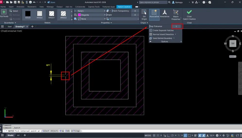 Trabalhar com lacunas no AutoCAD utilizando a opção Gap Tolerance para permitir hachuras mesmo com pequenas interrupções no contorno.