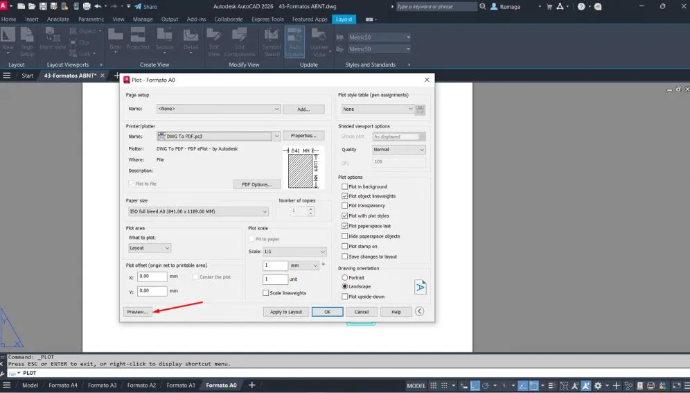 Janela de configuração de plotagem no AutoCAD com botão de Preview destacado.