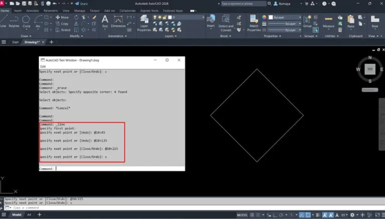AutoCAD exibindo o uso de coordenadas polares digitadas na linha de comando para desenhar um losango com distância e ângulos definidos.