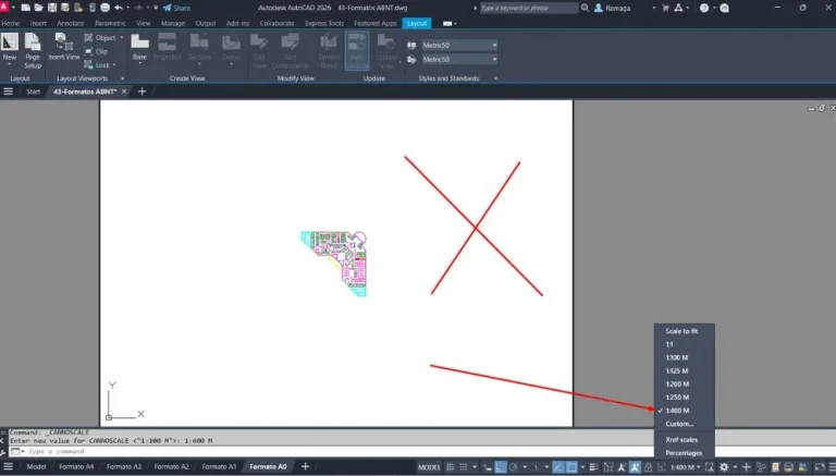 10 Erros ao Imprimir com Desenho no AutoCAD muito pequeno em relação à folha, com escala 1:400 aplicada incorretamente.