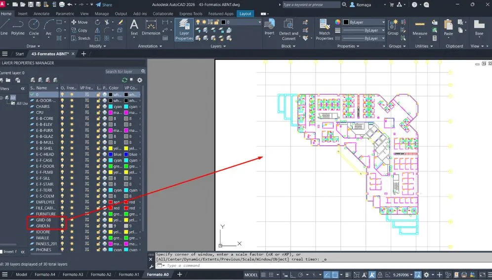 Camadas GRID-08R e GRIDLIN visíveis e com ícone de plotagem ativado no AutoCAD.