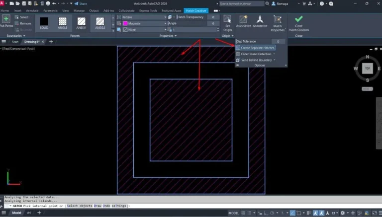 Criar e Editar Hachuras Separadas no AutoCAD utilizando a função Create Separate Hatches para aplicar padrões de preenchimento independentes em áreas com múltiplos limites.