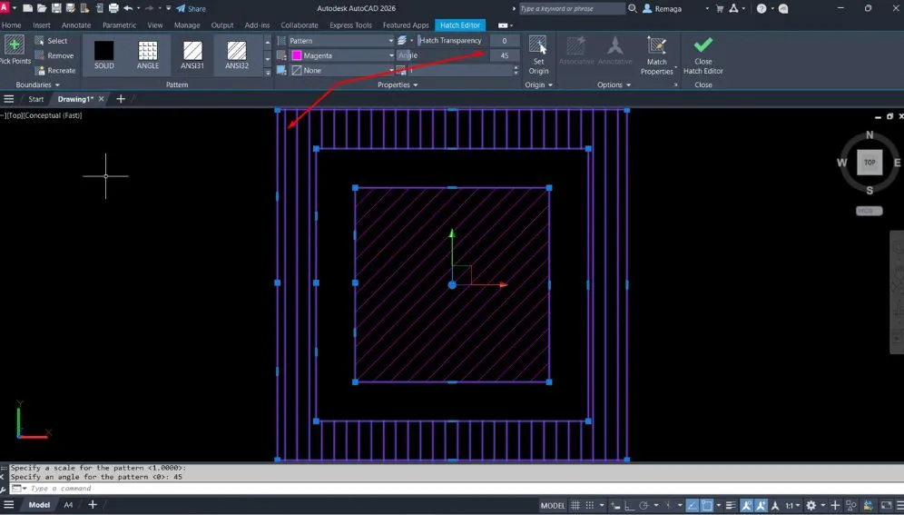 Tela do AutoCAD mostrando a edição de hachuras individuais com ângulos e padrões diferentes aplicados em regiões separadas.