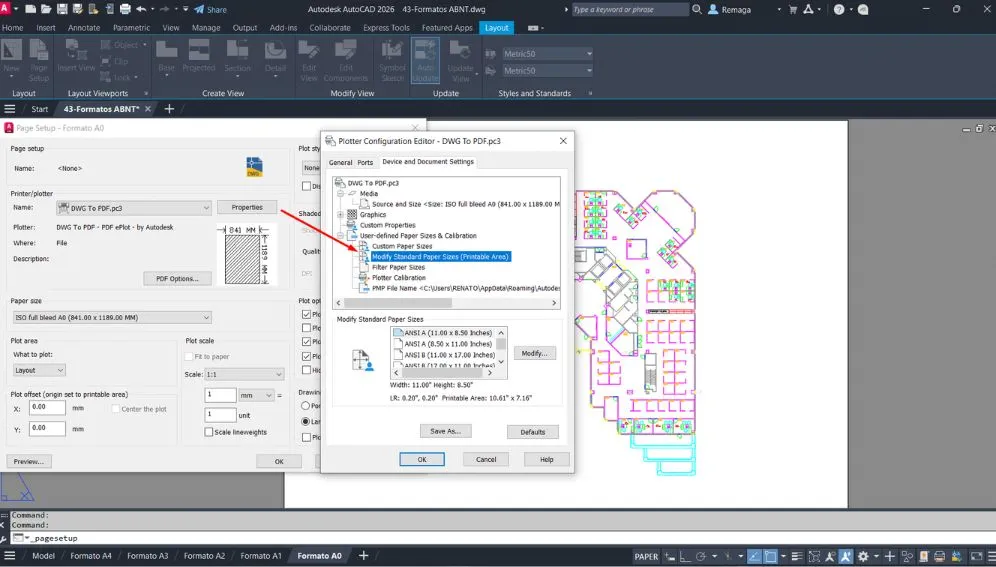 Janela do AutoCAD mostrando a edição de configuração da impressora para modificar o tamanho padrão de papel ao exportar para PDF.