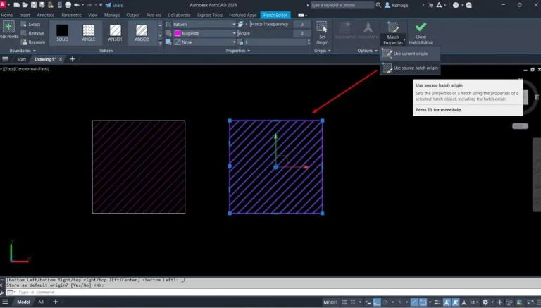 Copiar propriedades das hachuras no AutoCAD com duas hachuras sendo comparadas; uma ferramenta está ativa para copiar propriedades de hachura.