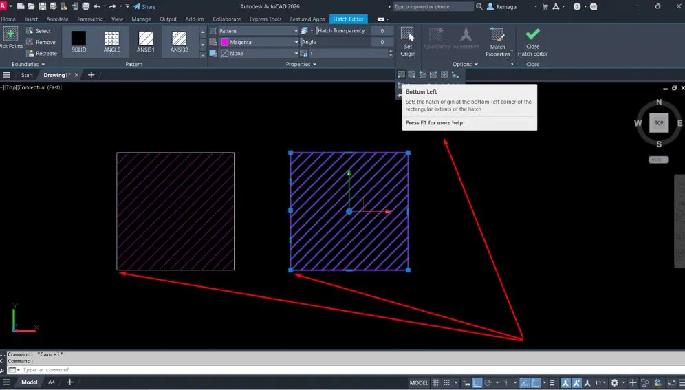 Duas hachuras no AutoCAD com destaque na opção de alinhamento de origem inferior esquerda.