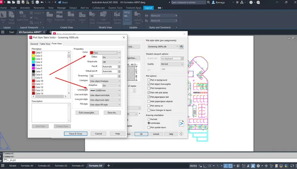 Janela de edição de tabela de estilos de plotagem no AutoCAD mostrando as configurações de cor, espessura de linha e screening para diferentes cores.