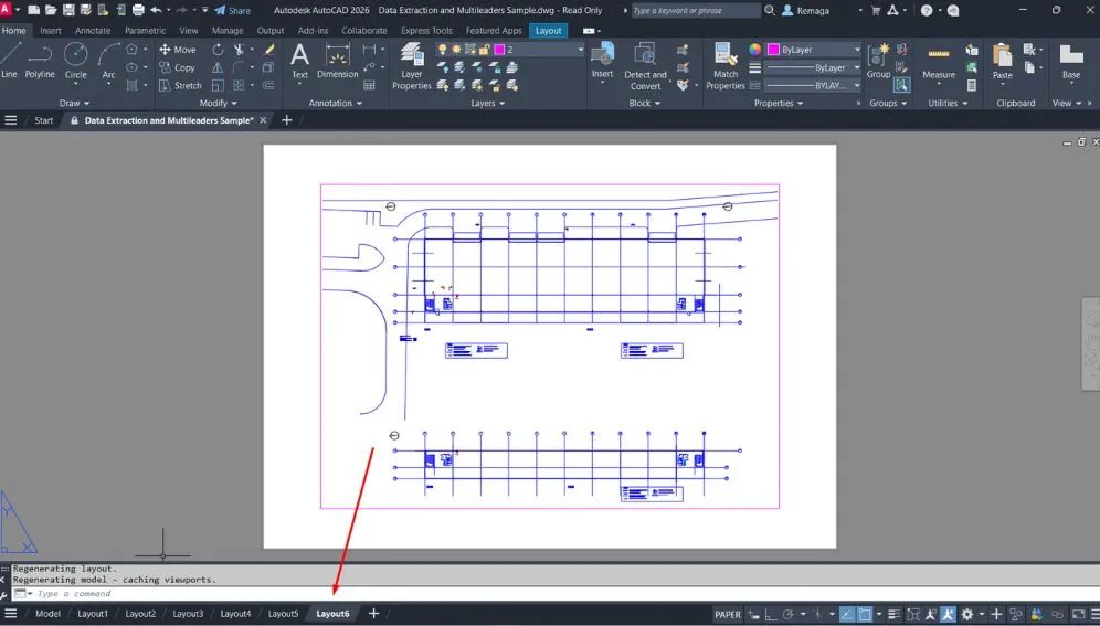 Múltiplos layouts no AutoCAD com diferentes configurações de impressão sendo organizados no espaço do papel.
