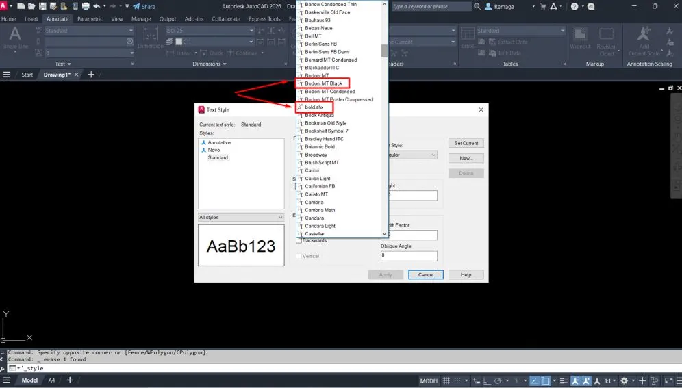 Lista de fontes sendo exibida na janela Text Style do AutoCAD 2026 com destaque para a seleção da fonte Bold MT