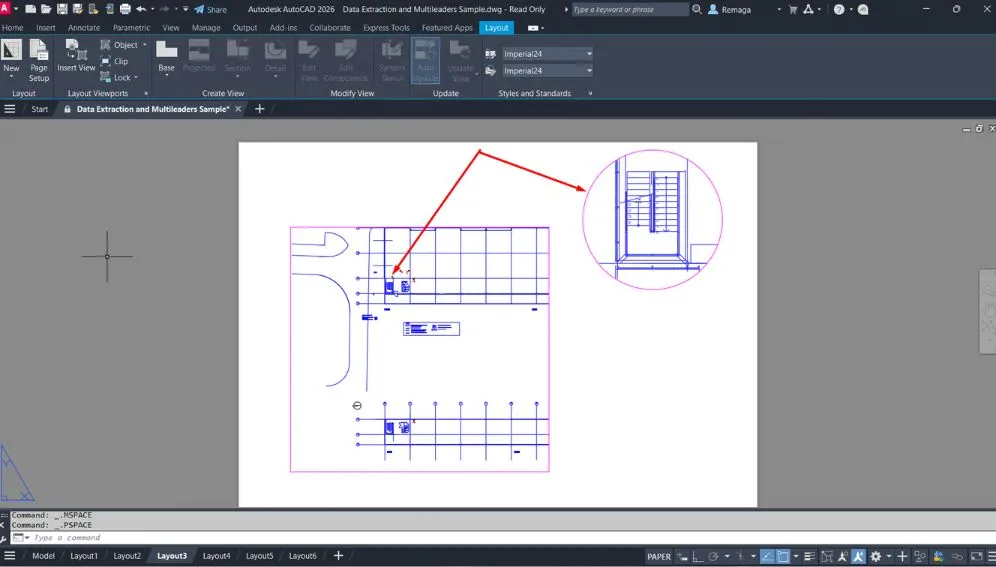 Criando janelas de visualização no AutoCAD com destaque circular em detalhes arquitetônicos dentro de um layout técnico.