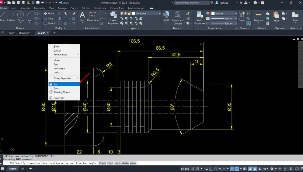 Comando Pan sendo selecionado no menu de contexto durante a edição de desenho técnico no AutoCAD.