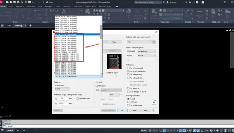 Criar formatos padrão ABNT no AutoCAD selecionando tamanhos de papel da série ISO como A4, A3, A2, A1 e A0 no painel de plotagem.