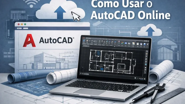 Como usar o AutoCAD online em um laptop exibindo planta arquitetônica técnica, com interface do AutoCAD, desenhos técnicos e elementos que representam trabalho em nuvem.