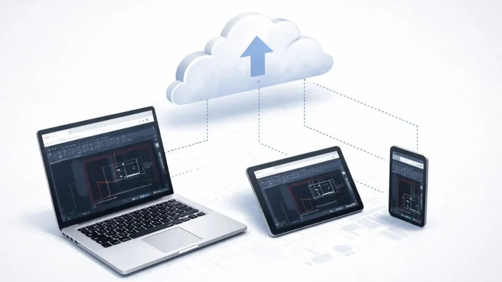 Acesso ao AutoCAD Web em nuvem a partir de diferentes dispositivos, como notebook, tablet e smartphone, conectados a uma interface CAD online.