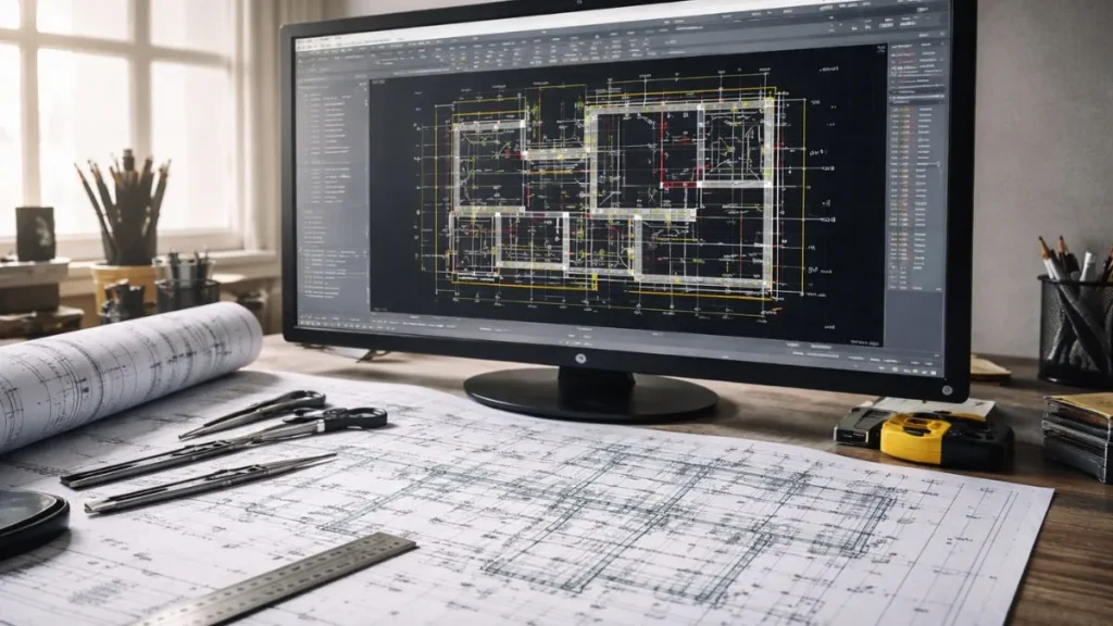Planta arquitetônica detalhada no AutoCAD com linhas de referência, grids e medidas exatas em escala real.