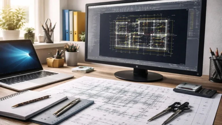 Renovar versao estudante AutoCAD em ambiente educacional, com software ativo na tela e projeto técnico aberto para estudo e aprendizado.