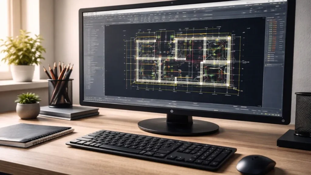 AutoCAD em execução em ambiente digital moderno, com projeto técnico aberto e interface ativa.