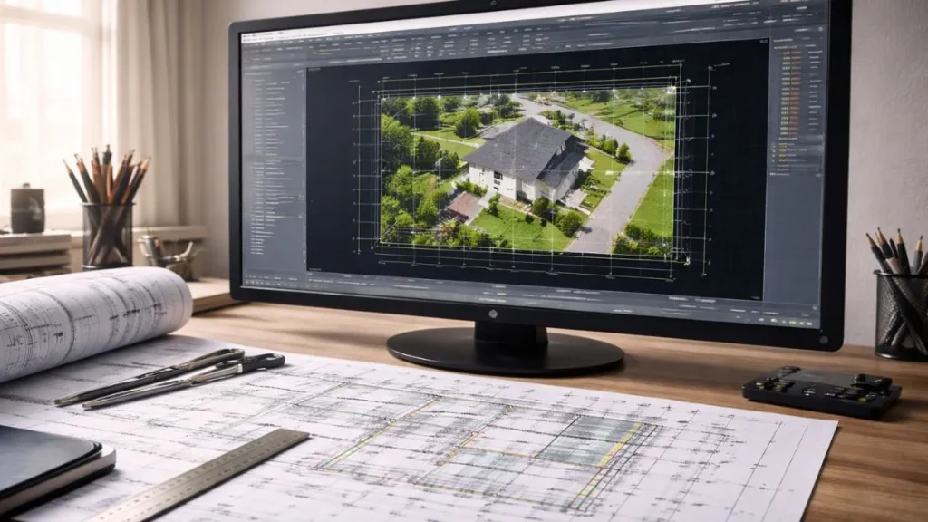 inserir imagem no AutoCAD em projeto técnico, com fotografia aérea posicionada como referência dentro do desenho e alinhada às linhas de grade.