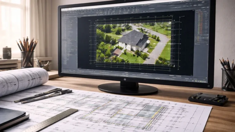 inserir imagem no AutoCAD em projeto técnico, com fotografia aérea posicionada como referência dentro do desenho e alinhada às linhas de grade.