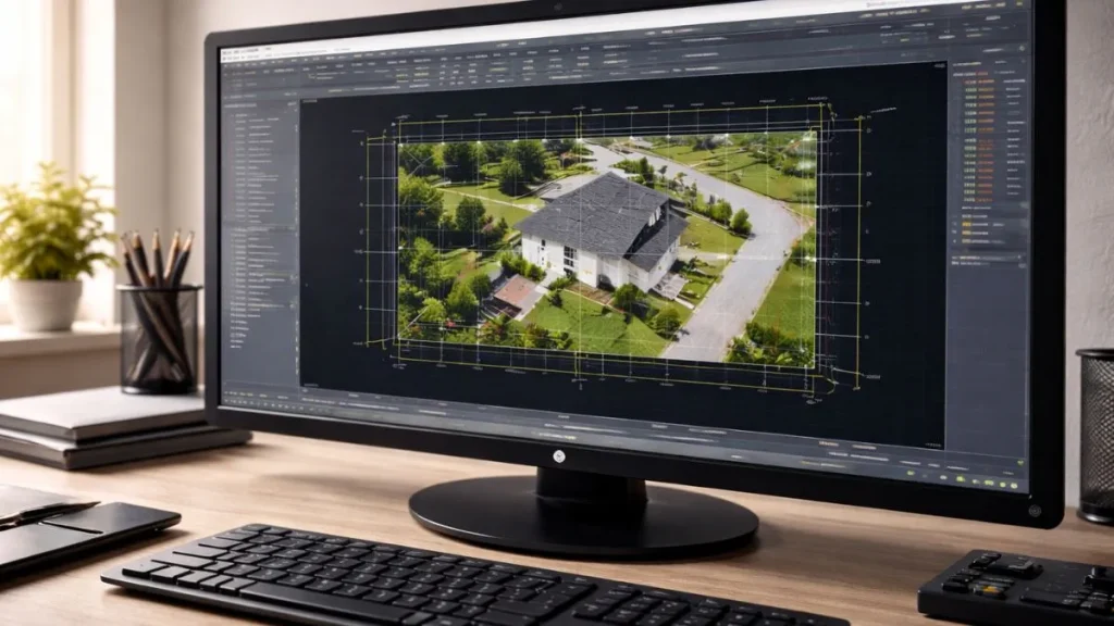 Imagem externa inserida no AutoCAD com linhas de referência, grids e pontos de alinhamento visíveis.