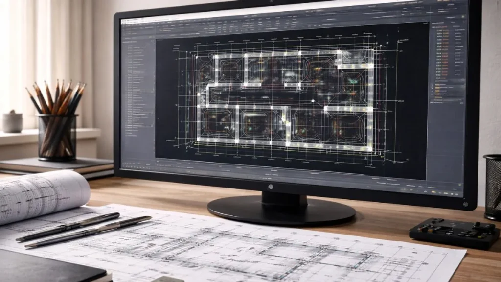 Projeto técnico no AutoCAD com layers organizados, hierarquia de linhas e desenho limpo para melhor leitura.