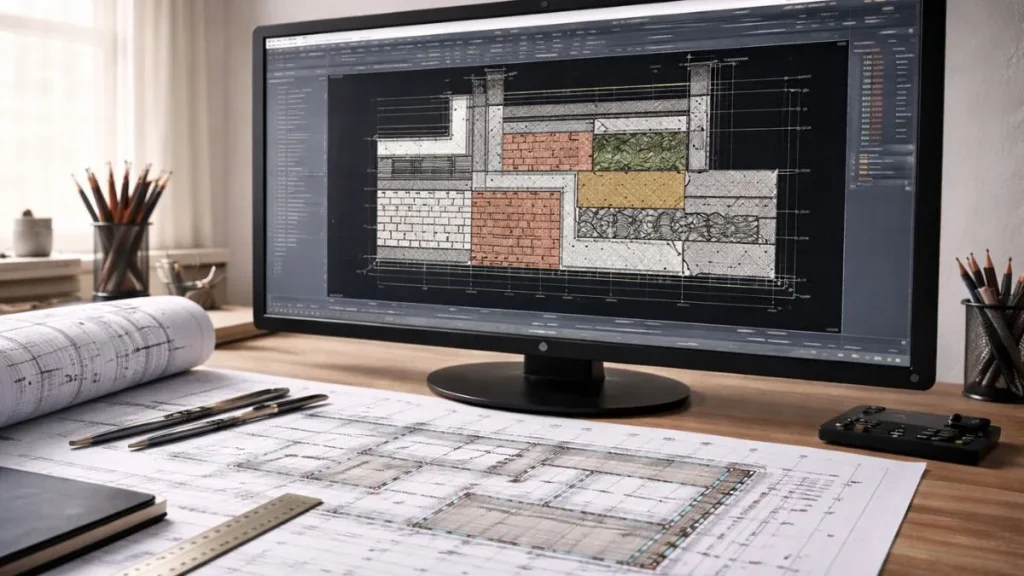 Hachuras personalizadas no AutoCAD aplicadas a projeto arquitetônico, com criação de padrões próprios para materiais e visualização integrada ao desenho técnico.