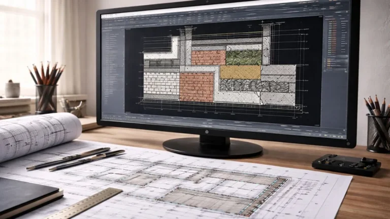 Hachuras personalizadas no AutoCAD aplicadas a projeto arquitetônico, com criação de padrões próprios para materiais e visualização integrada ao desenho técnico.