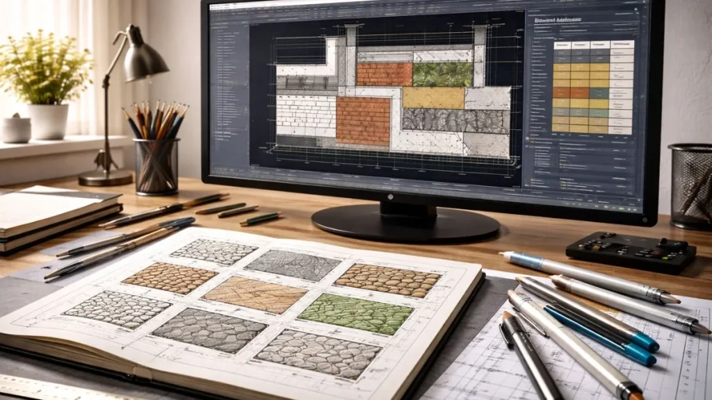 Desenho arquitetônico no AutoCAD com diferentes hachuras aplicadas para representar materiais construtivos.