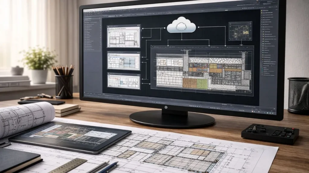 Fluxo AutoCAD na nuvem em ambiente profissional, com projetos arquitetônicos sincronizados e organizados em um monitor de grande formato.