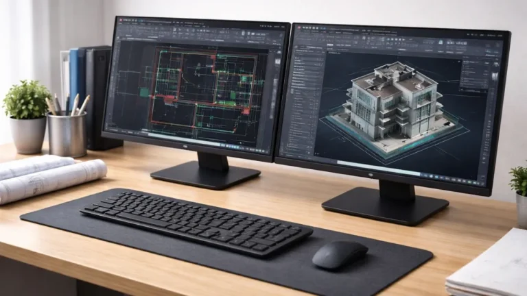 diferença entre autocad web e desktop ilustrada por estação de trabalho profissional com AutoCAD desktop completo em execução, projeto complexo aberto, múltiplas paletas de ferramentas e configuração com dois monitores.